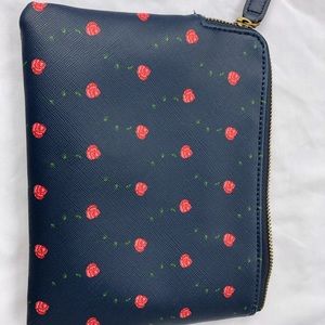 Anthropologie cosmetic bag 6”x8” blue red roses